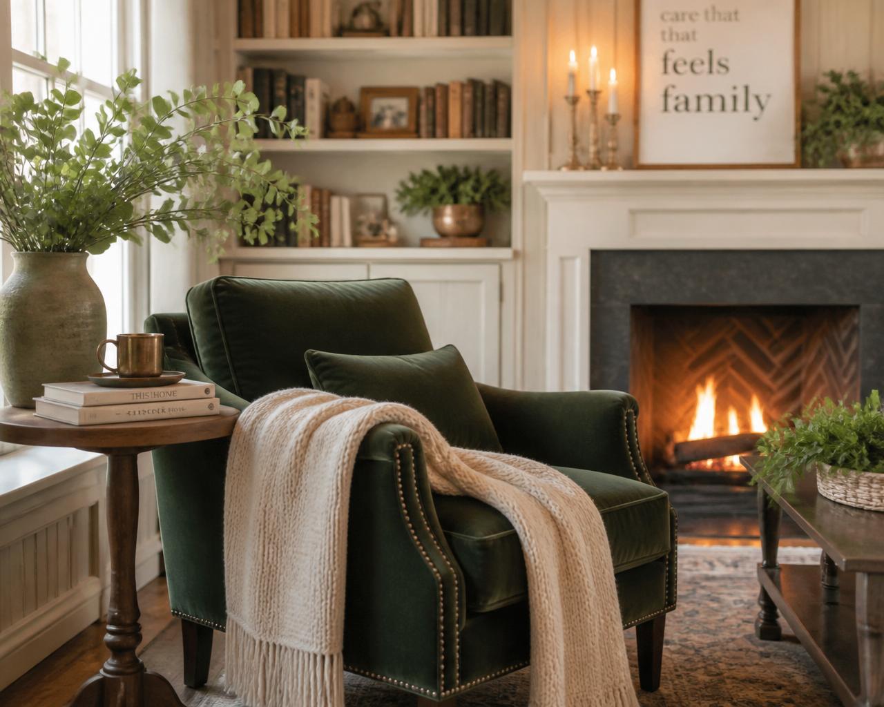 Warm cozy living room with green armchair, fireplace and candlelight — care that feels like family